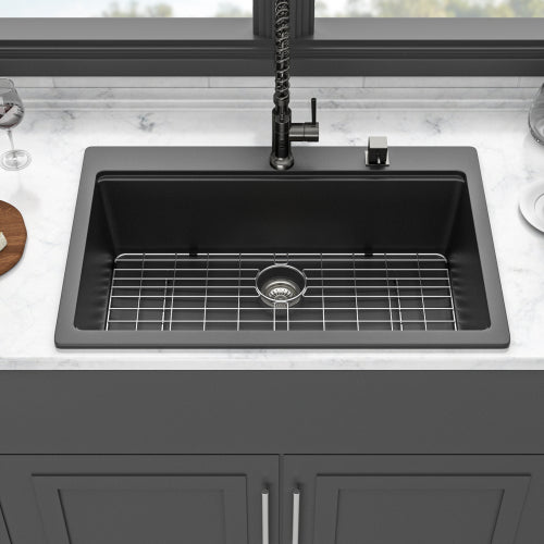 Quartz Kitchen Sink - 33"x22"x9.65" Black granite composite Workstation Drop-in kitchen sink