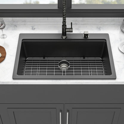Quartz Kitchen Sink - 33"x22"x9.65" Black granite composite Workstation Drop-in kitchen sink