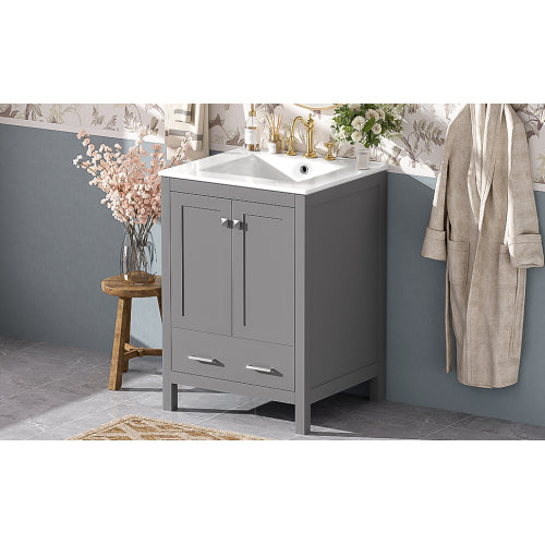 24-inch bathroom vanity with integrated undermount basin and a storage cabinet featuring 2 doors and 1 drawer. Includes double-layer door shelf, soft-close design, and versatile storage solutions