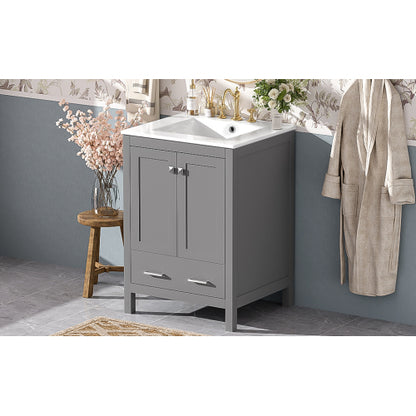 24-inch bathroom vanity with integrated undermount basin and a storage cabinet featuring 2 doors and 1 drawer. Includes double-layer door shelf, soft-close design, and versatile storage solutions