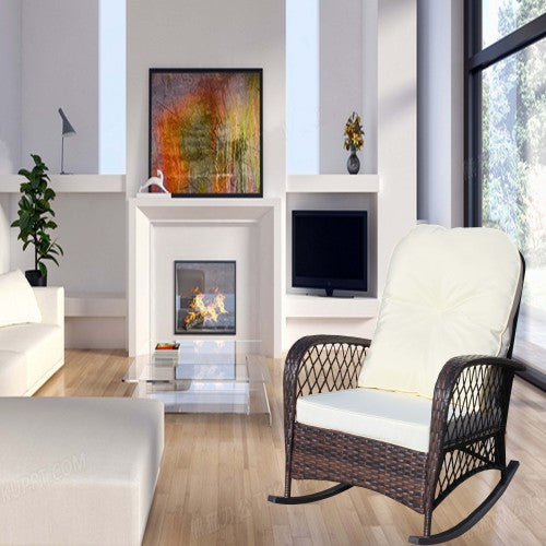 Outdoor Wicker Rocking Chair with Wide Seat, Thick, Soft Cushion, Rattan Rocker w/Steel Frame, High Weight Capacity for Patio, Garden, Backyard, Beige Cushion