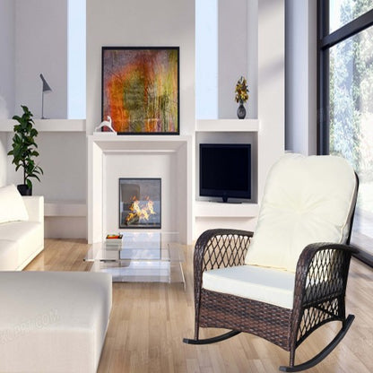 Outdoor Wicker Rocking Chair with Wide Seat, Thick, Soft Cushion, Rattan Rocker w/Steel Frame, High Weight Capacity for Patio, Garden, Backyard, Beige Cushion