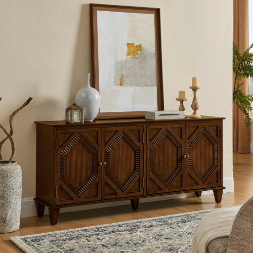 65.2 inch Mid Century Modern Sideboard Buffet Cabinet with Storage, Symmetrical Geometric Accent Coffee Bar Wine Bar Storage Cabinet, Large Console Table for Living Room/Entryway/Kitchen, Walnut