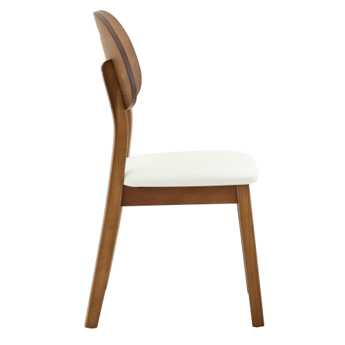 Set of 2 Walnut Solid Wood Dining Chairs, Curved Hollow Back with White PU Cushion