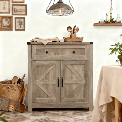 Light Gray-Washed Wood Farmhouse Barn-Door Storage Cabinet, Coffee Bar Buffet Sideboard with Drawer for Kitchen & Living Room