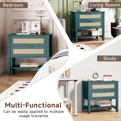 Rattan Nightstand with 2 Drawers and Storage Shelf Boho Bedside Narrow Side Table for Bedroom
