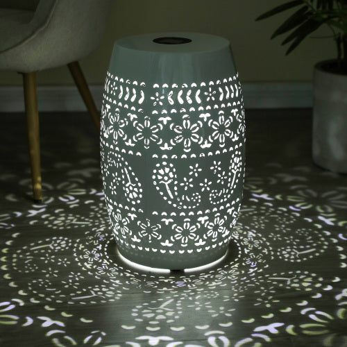 Solar Side Table with Built-in Solar Battery,Stunning Flower Pattern at Night,Eco-Friendly and Energy Efficient Outdoor Furniture Ideal,for Patios Gardens and Backyards(White)