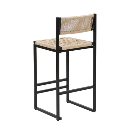 Set of 2 Woven Bar Stools with Backrest Paper Rope Weave Dining Chairs for Kitchen Island (Style B Black & Creamy White)
