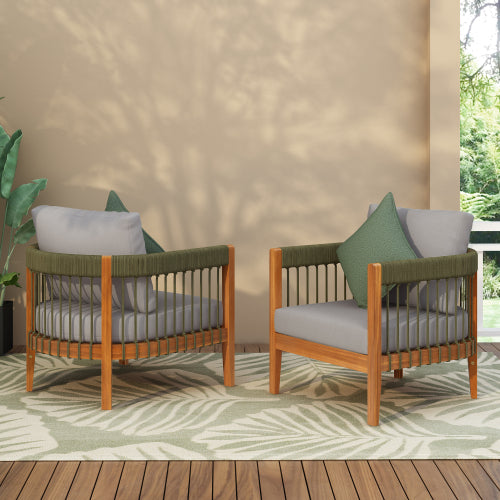 [Set of 2] Acacia Wood Outdoor Club Chair with Handwoven Rope Accents & Curved Backrest - Water-Resistant Boho Patio Lounge Chair with Removable Cushions for Porch, Garden