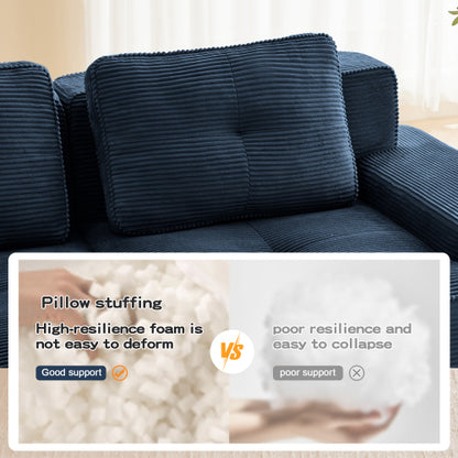 82 inch  Blue Corduroy L-Shape Modular Sofa, Movable Ottoman, No Assembly