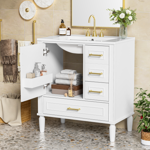 30" Bathroom Vanity with Ceramic Sink, Soft-Close Door with Built-in Shelf, Deep Drawer, Standard Drawer, Long Divider Drawer, Ample Storage Cabinet for Bathroom, Modern & Functional Design