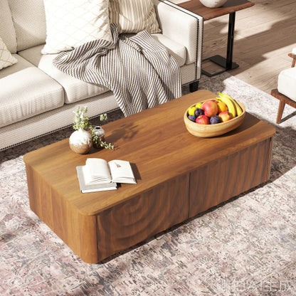 47 Inch Wave Texture Coffee Table with 2 Drawers Hidden Base Walnut Brown