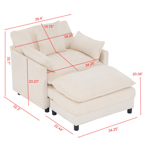 39.4 inch  Beige Chenille Modern Accent Chair with Ottoman, Solid Wood Frame
