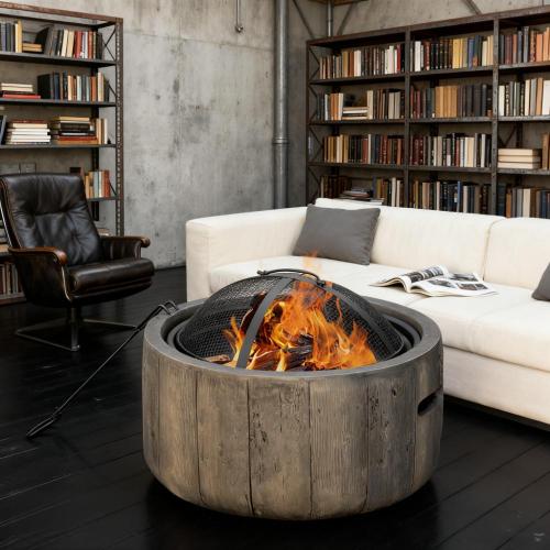 Woodgrain Design Outdoor Fire Pit,Metal Wood Burning Fireplace with Spark Cover