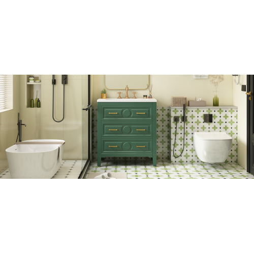 30'' Bathroom Vanity with Ceramic Sink Combo, Free Standing Single Vanity Set with 3 Drawers, Solid Wood Frame Bathroom Storage Cabinet, Green