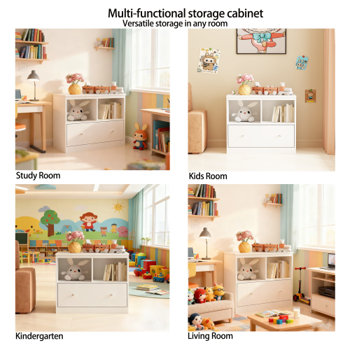 White Kids Storage Cabinet 2 Open Shelves With Full-Width Drawer Anti-Tip Design For Playroom Nursery