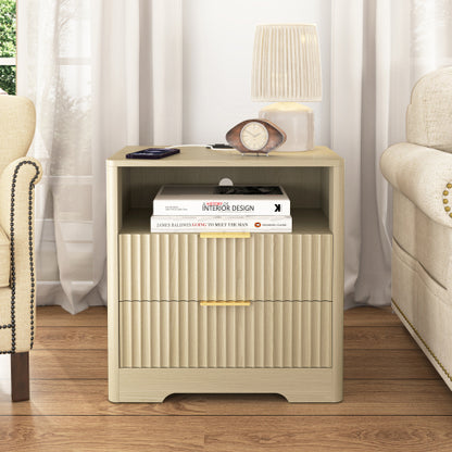 Wood Smart Nightstand, 7-Color Voice Control Night Light & Built-In Charging Station