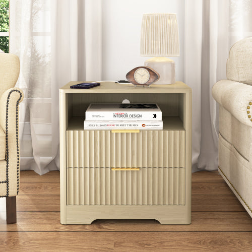 Wood Smart Nightstand, 7-Color Voice Control Night Light & Built-In Charging Station