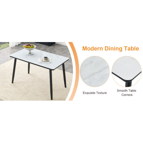 Marble Pattern Glass Dining Table with Black Tapered Metal Legs
