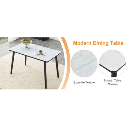 Marble Pattern Glass Dining Table with Black Tapered Metal Legs