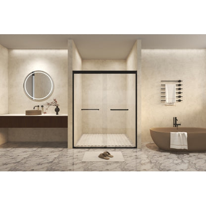 44-48" W × 72" H Tempered Glass with Explosion Proof Film, Aluminum Frame Double Sliding Shower Door, "1/4 (6 mm), Stainless Steel handle, Matte Black