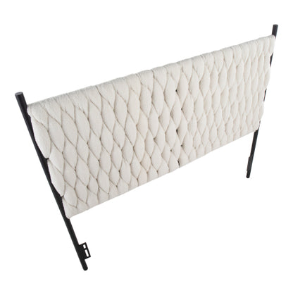 Braided Queen Size Headboard in Black Metal and Cream Sherpa Fabric by