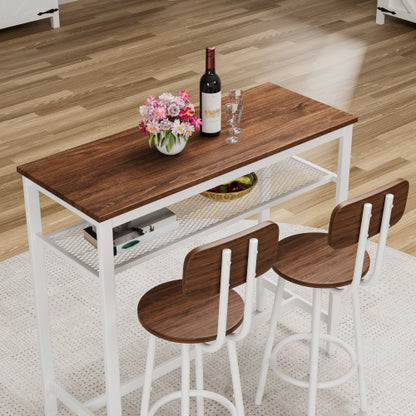 3-Piece Wood Top Bar Set, White Steel Frame Table & 2 Stools with Rack