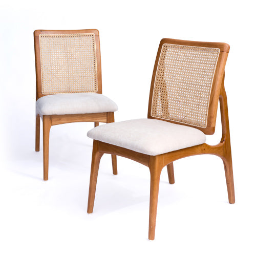 Mid Century Rattan Dining Chairs Set of 2, Solid Rubber Wood Side Chairs with Cane Rattan Back