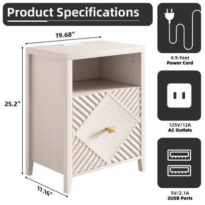 Beige Charging Station Nightstand, 19.68inchW*17.16inchD*25.2inchH