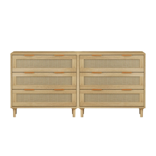 Oak Color 3-Drawer Rattan Storage Cabinet Set of 2 MDF Household Drawer Chest With Iron Handles