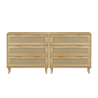Oak Color 3-Drawer Rattan Storage Cabinet Set of 2 MDF Household Drawer Chest With Iron Handles