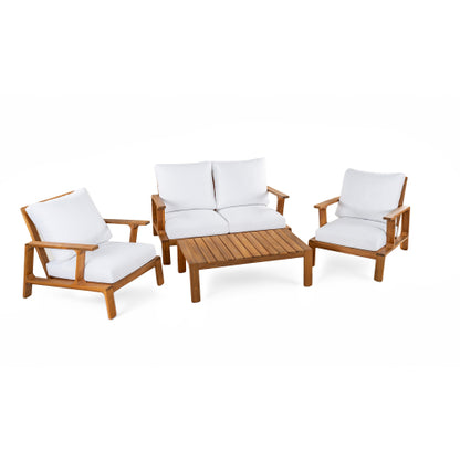 4 Pieces Outdoor Sofa Set 4-person Patio Seating Group Outdoor Conversation Set with Cushions and a Coffee Table for Patios, Gardens, or Balcony, Teak Finish +White Cushion