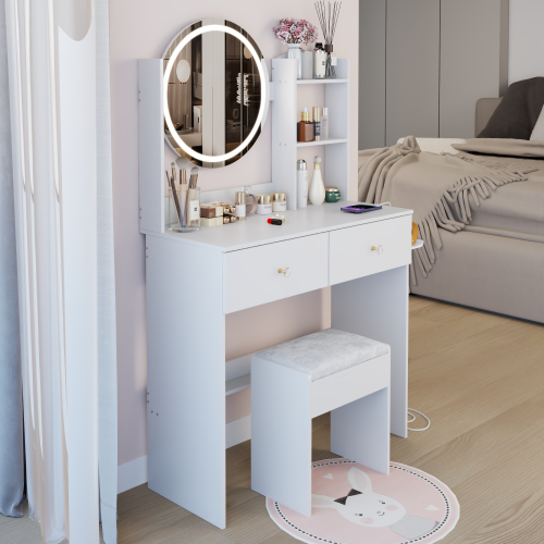 White 17 inch  Round LED Vanity Table + Cushion Stool, 2 AC + 2 USB, Touch Switch, 3 Colors, Large Desktop