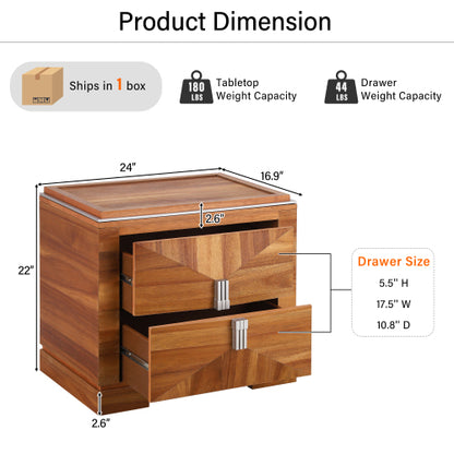 Mid-Century Modern Nightstand, 2 Drawers Wide Sofa Side Table,Wood Diamond Shaped End Table with Storage,Closet with Heavy Duty Base,Small Bedside Table for Bedroom,Living Room,Entrance, Light Brown