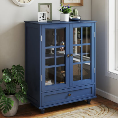 Vintage Blue Buffet Cabinet with Glass Doors Drawer and Adjustable Shelves