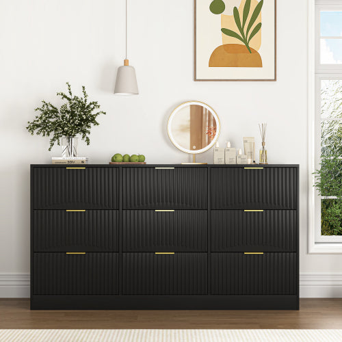 Black 9 Drawer Dresser, 63" Large Deep Chest of Drawers, Wooden Dresser Storage Cabinet with 9 Drawers for Bedroom, Long Dressers for Living Room, Hallway, Drawer panel with wavy patterns