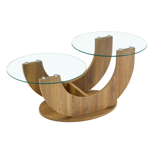 U Shaped Double Tier Glass Coffee Table MDF Base Walnut Finish Modern