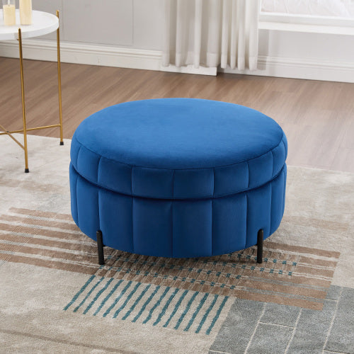 31.5 inch Navy Velvet Round Pumpkin Storage Ottoman, Reversible Lid Adjustable Metal Leg Footstool, 275 LBS