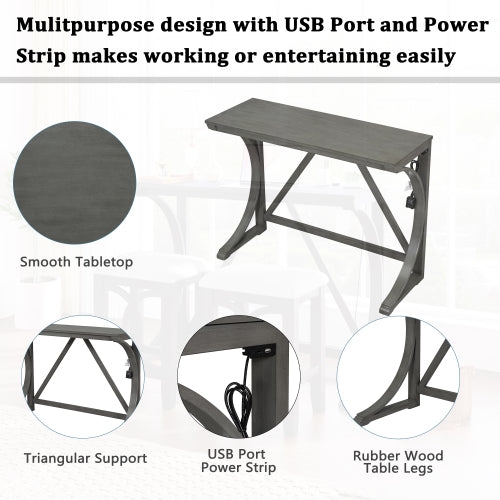 3-Piece Gray Farmhouse Set with USB & Type-C, Table & 2 Stools