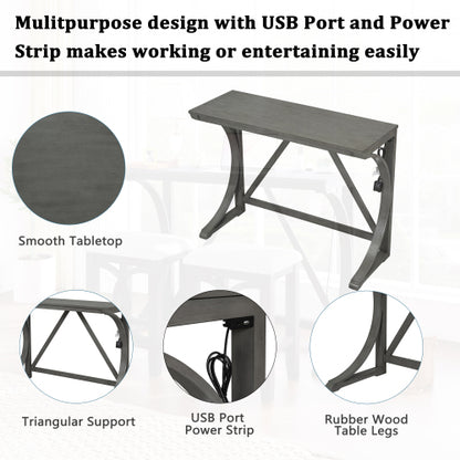 3-Piece Gray Farmhouse Set with USB & Type-C, Table & 2 Stools