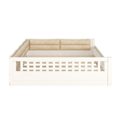 Wood Full Size Upholstered Platform Bed with Guardrail and Pillow, Beige