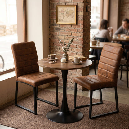 23.6 Inch Walnut Round Dining Table Set with 2 Brown Suede Leather Chairs, Space-Saving 2-Piece Casual Coffee Table Set