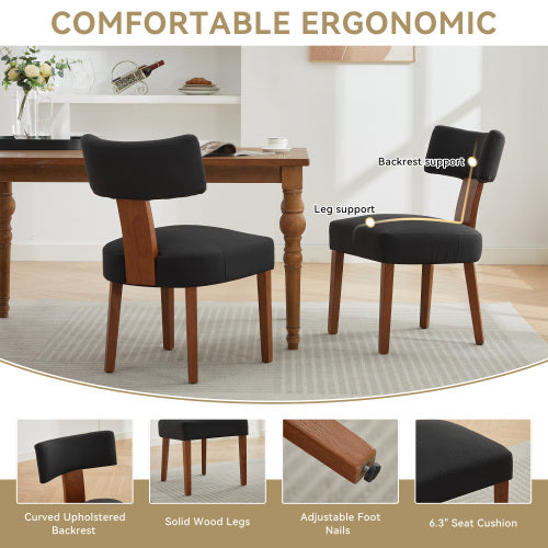 Set of 2 Black Linen Curved Wingback Dining Chairs, Light Brown Rubber Wood Legs 250lbs Weight Limit