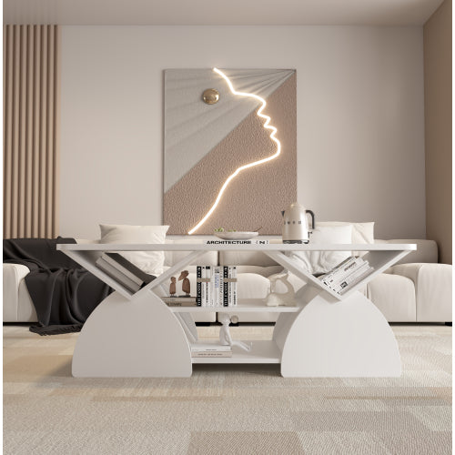 47.24 Inch Rectangular Storage Coffee Table, White