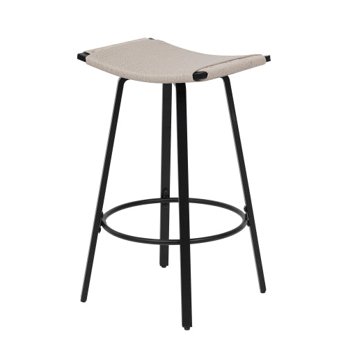 Counter Height Bar Stools Backless Handwoven Kitchen Dining Chairs with Round Footrest Set of 2 PVC Weaving Pub Stool for Indoor & Outdoor (Black & Creamy White)