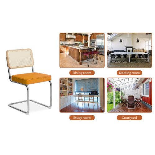 Set of 2 Orange Velvet Rattan Cantilever Dining Chairs, Chrome Tubular Steel Breuer Stackable Side Chairs