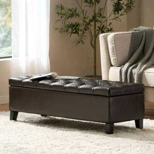 Dark Brown PU Storage Ottoman Bench, Tufted Upholstery with Rubber Wood Legs, 300 LBS Capacity, 51.18 inchL x17.52 inchW x18 inchH