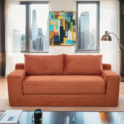 56-Inch Orange Corduroy Memory-Foam Compression Loveseat Sofa-Bed