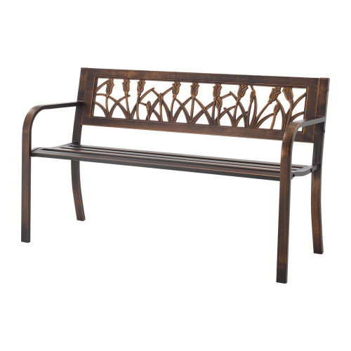 Outdoor Bench, 50 inch, Carbon Steel Metal Frame with PVC Floral Pattern Backrest and Round Edge Armrests, Weatherproof Outside Bench for Patio, Garden, Park, Yard, Front Porch, Antique Bronze