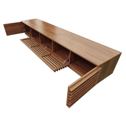 86.6 inch Walnut Legless Horizontal Slat Flip Door TV Stand Low Profile Media Console Fits 90 inch TV